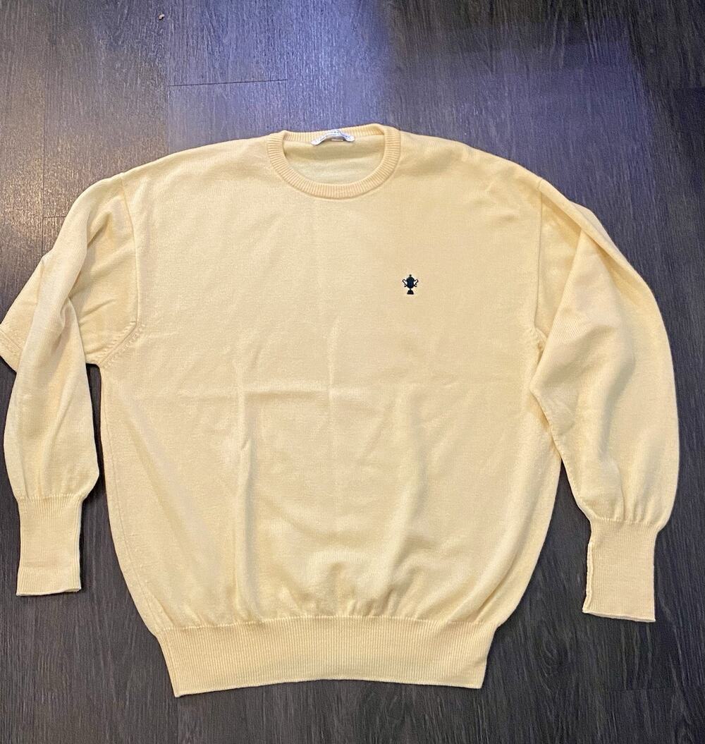 Vtg Clark & Gregory Scotland Yellow Merino Wool Crew Neck Sweater XL PGA Trophy